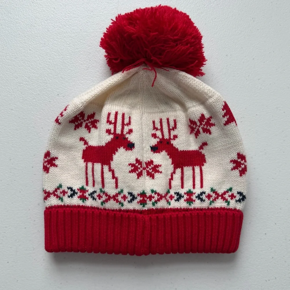 Hanna Andersson | Cream/Red Dear Deer Matching Beanie Winter Hat Youth Small New